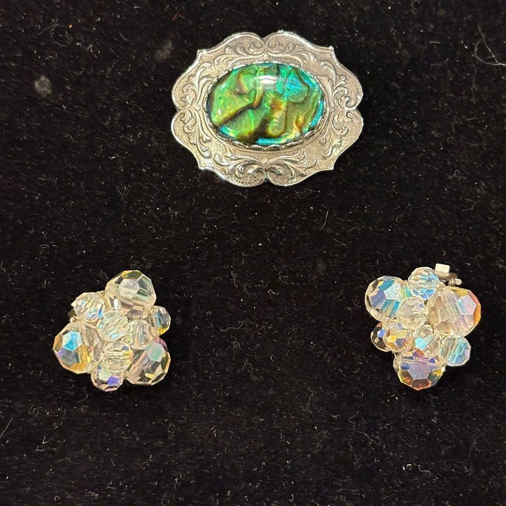 Vintage Silver & Abalone Brooch & Clip On Aurora Borealis Earrings Set